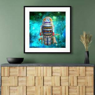 Vintage metall leksak robot i blågalaxa söt retro poster