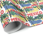 Vintage Mexico Beach Scene Presentpapper<br><div class="desc">Mexiko vintage illustrerar mönster ljusa färger med strandscenen och handflatan träd visar färgstarka hus i en stad vid kusten.</div>