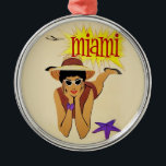 Vintage Miami Beach Julgransprydnad Metall<br><div class="desc">Vintage Miami Touristiklam - Flygplan,  kvinna i Beach,  Sol och Sand</div>