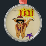 Vintage Miami Beach Julgransprydnad Metall<br><div class="desc">Vintage Miami Touristiklam - Flygplan,  kvinna i Beach,  Sol och Sand</div>