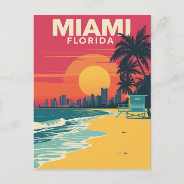 Vintage Miami Florida Beach Sunset Vykort (Framsida)