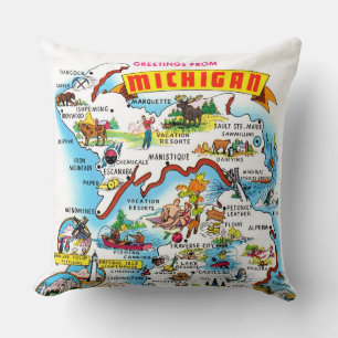 Vintage Michigan Hälsningar Karta Kudde