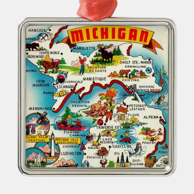 Vintage Michigan Karta Julgransprydnad Metall (Framsidan)