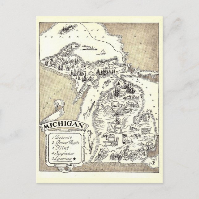 Vintage Michigan-karta vykort (Framsida)