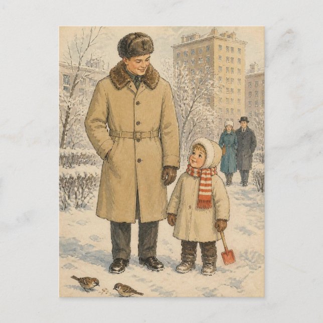 Vintage Mid-Century Vinter Familjepromenad Nostalg Vykort (Framsida)