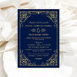 Vintage Midnight Blue och Guld Art Deco Bröllop Inbjudningar<br><div class="desc">Elegant och glamorösa konsthyrande bröllopsinbjudningar inspirerade av ornate vintage Gatsby stil och 20-talet. Kortet har en mörk midnattblått och guld färg,  en dekorativ ram och mönster och en snyggt typografi som kan vara helt personlig.</div>
