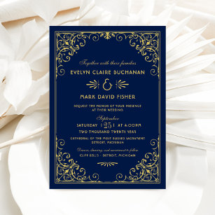 Vintage Midnight Blue och Guld Art Deco Bröllop Inbjudningar
