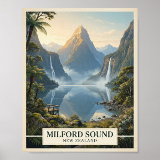 Vintage Milford Sound Nya Zeeland Resemålning Affi Poster