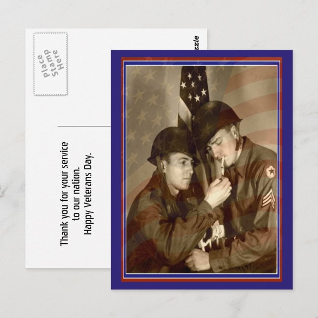 Vintage militärfoto tack veteraner vykort (Fram/baksida)