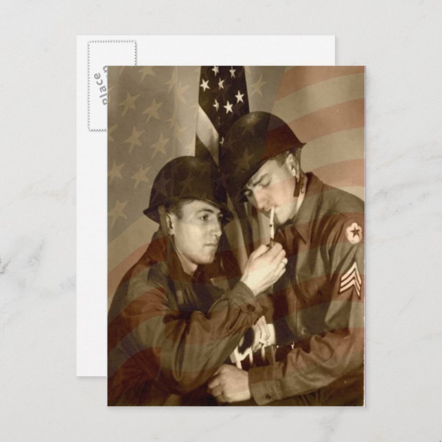 Vintage militärfoto tack veteraner vykort (Fram/baksida)