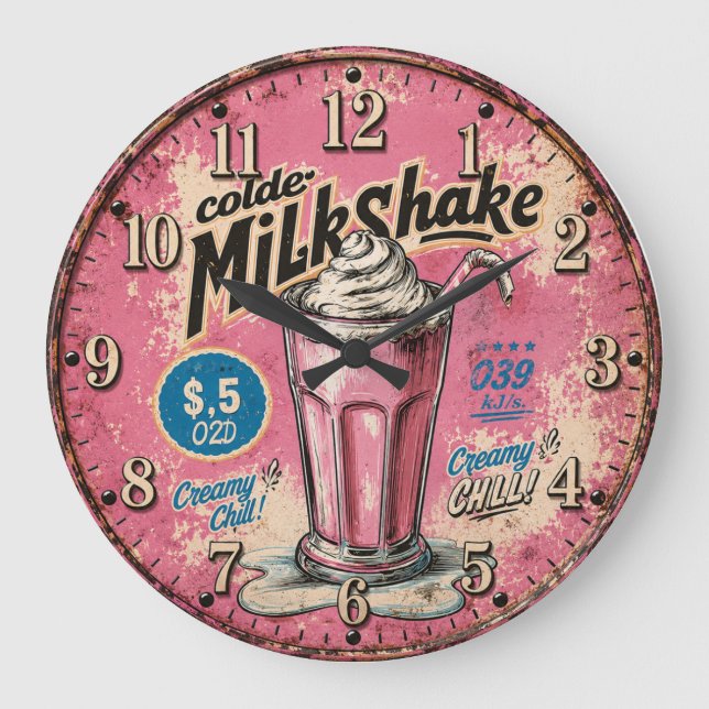 Vintage Milkshake Retro Diner Kitchen Stor Klocka (Framsida)