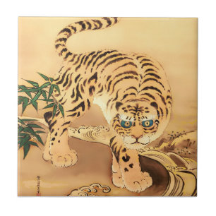 Vintage Minhwa Tiger vid en bäck Kakelplatta