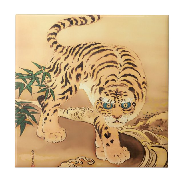 Vintage Minhwa Tiger vid en bäck Kakelplatta (Framsidan)