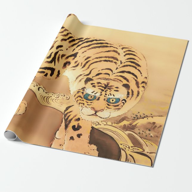 Vintage Minhwa Tiger vid en bäck Presentpapper (Utrullad)