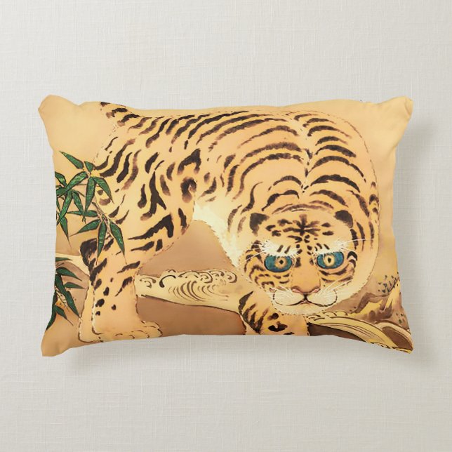 Vintage Minhwa Tiger vid en bäck Prydnadskudde (Framsidan)