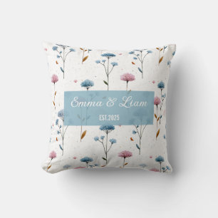 Vintage Minimal Blå och Rosa Blommig Personlig Kudde