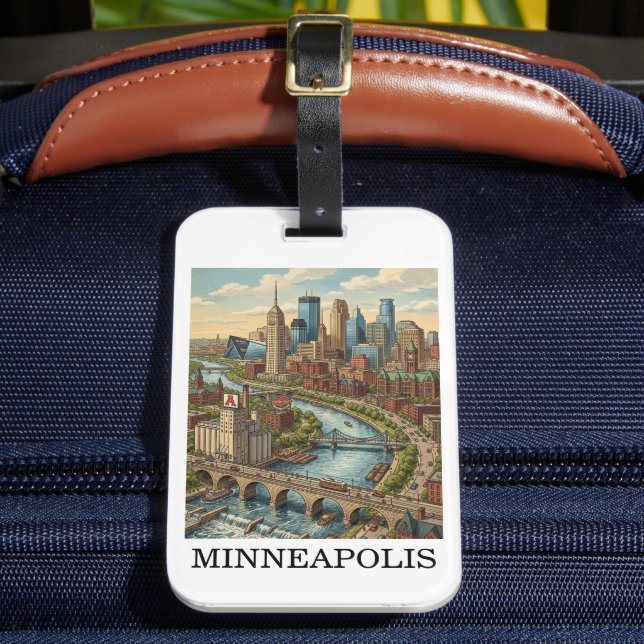 Vintage Minneapolis Minnesota Siluettvy av Stadens Bagagebricka (Framsida Insitu 2)