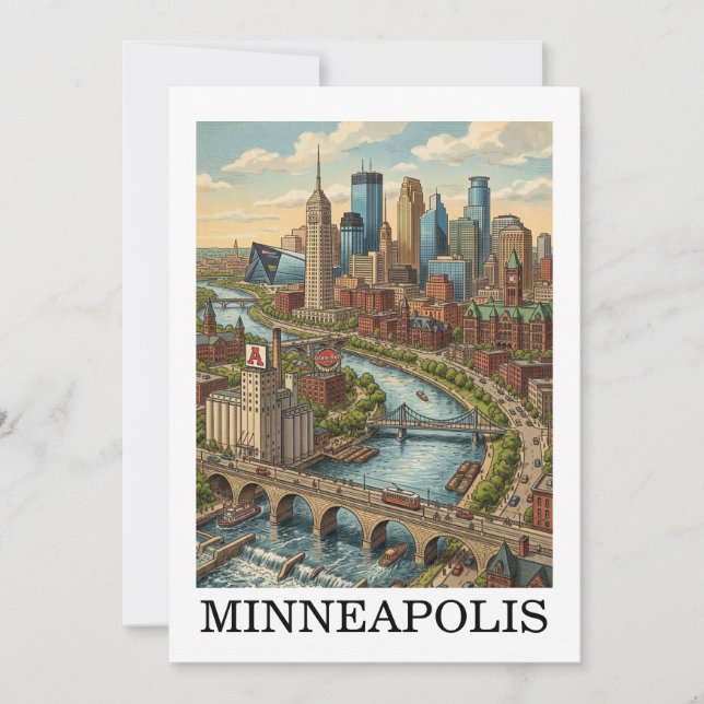Vintage Minneapolis Minnesota Siluettvy av Stadens Kort (Framsida)