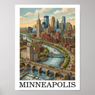 Vintage Minneapolis Minnesota Siluettvy av Stadens Poster