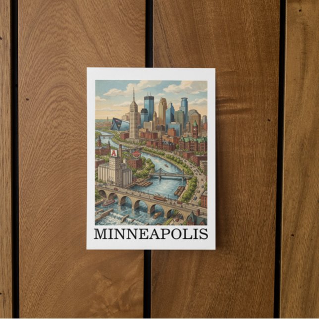 Vintage Minneapolis Minnesota Siluettvy av stadsbi Vykort (Vintage Minneapolis Minnesota Skyline View Postcard)
