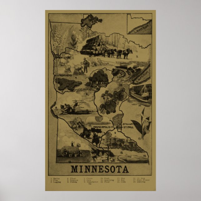 Vintage Minnesota Illustrative Karta (1921) - Tan Poster (Framsidan)