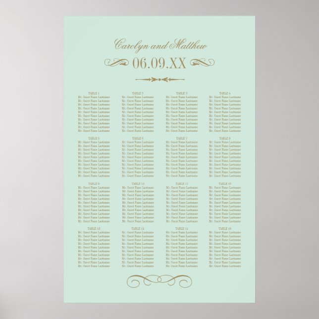 Vintage Mint Antik Bröllopsplatssättning Poster (Framsidan)