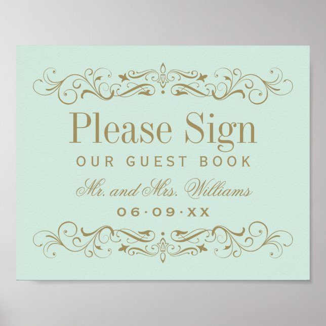Vintage Mint Antique Flourish Bröllop Guest Bok Poster (Framsidan)