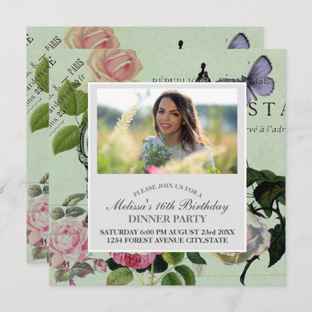 Vintage Mint Fransk Rosa ros Paris Party Inbjudningar (Fram/baksida)