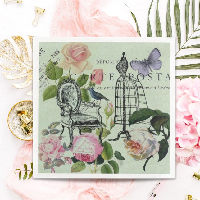 Vintage Mint Fransk Rosa ros Paris Party Pappersservett (Vintage Mint French Pink Rose Paris Party Paper Dinner Napkins)