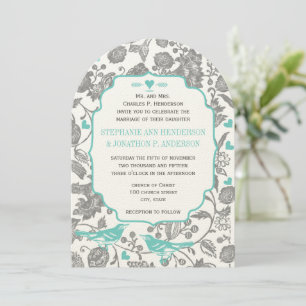 Vintage Mint Grått Blommönster Lovebird Bröllop Inbjudningar