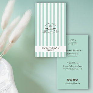 Vintage Mint Grönt Bakery Logotyp Elegant Stripe Visitkort