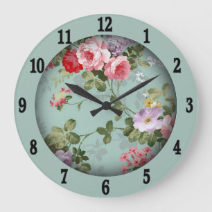 Vintage Mint Grönt Blommigt Design Stor klocka