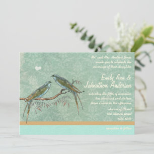 Vintage Mint Grönt Lovebird Damask Wedding Inbjudningar