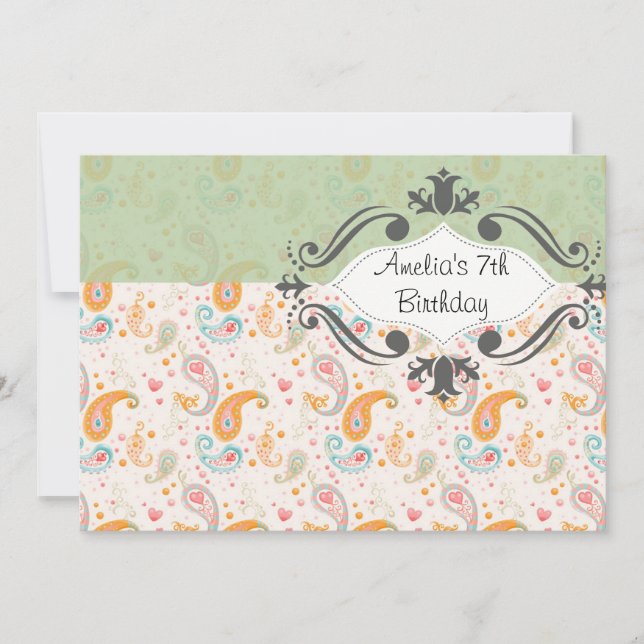 Vintage Mint Paisley Birthday-inbjudan Inbjudningar (Framsida)