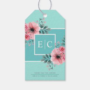 Vintage Mint & Rosa Flowers Monogram Bröllop Presentetikett