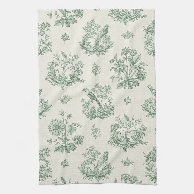 Vintage Mintgrön Fågel Toile Blommönster Kökshandduk (Vertikal)