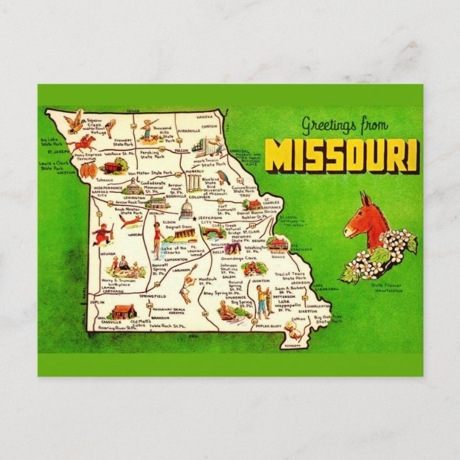 Vintage Missouri Karta Vykort (Framsida)