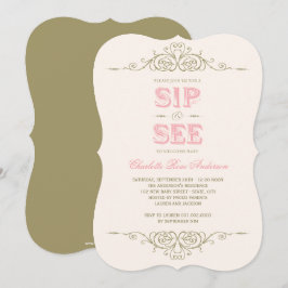 Vintage Mjuk Elegant Nyfödd bebis Girl Sip och se Inbjudningar