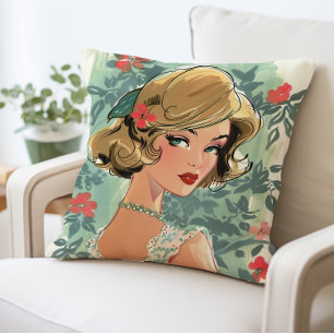 Vintage Mode Girl Pillow, Retro Home Decor Kudde