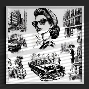 Vintage Mode Girl Teckning Poster