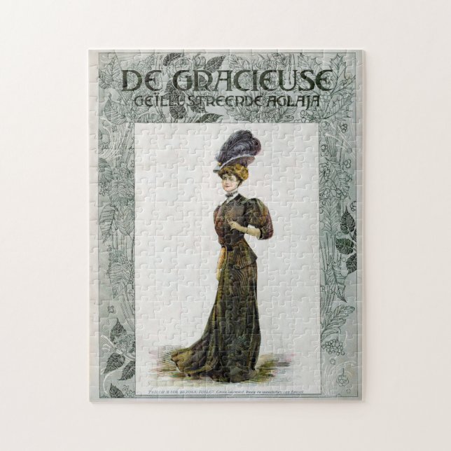 Vintage Mode Illustration Dam Feather Boa Hat Pussel (Vertikal)