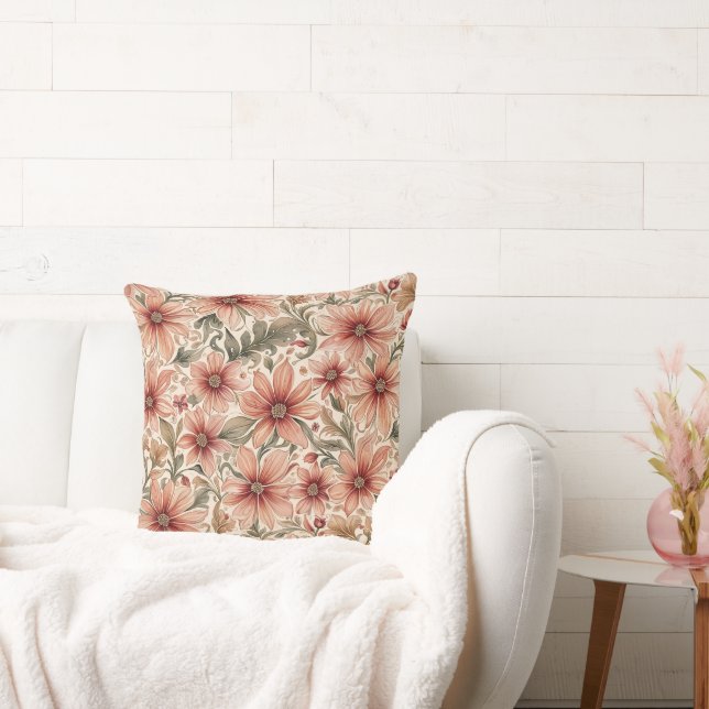 Vintage Modern Bronze Peach-Blommigt Kudde (Soffa)