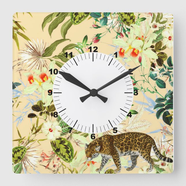 Vintage Modern Flower Jungle Tropical Fyrkantig Klocka (Framsida)
