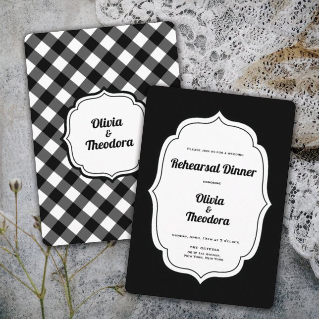 Vintage modern Gingam Rehearsal Dinner Invitation Inbjudningar (vintage modern elegant black and white gingham wedding rehearsal dinner invitation)