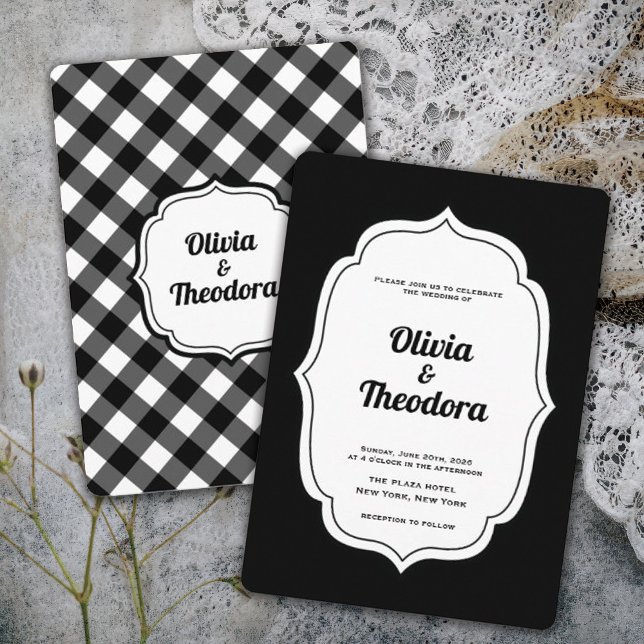 Vintage modern Gingham bröllopsinbjudan Inbjudningar (vintage modern elegant black and white gingham check wedding invitation )