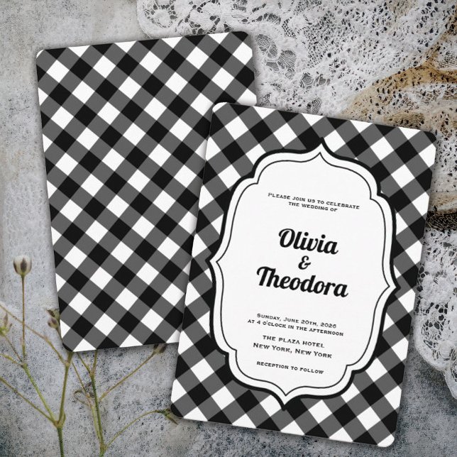 Vintage Modern Gingham bröllopsinbjudan Inbjudningar (vintage modern elegant black and white gingham wedding invitation)
