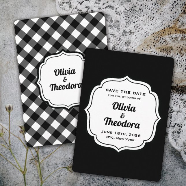 Vintage Modern Gingham Save the Date Cards Inbjudningar (vintage modern black and white gingham wedding save the date  )