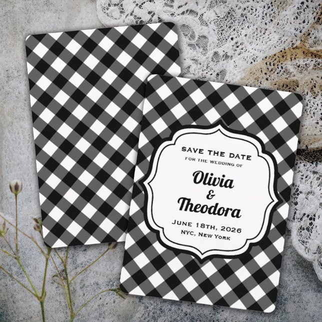 Vintage Modern Gingham Save the Date Cards Inbjudningar (vintage modern elegant black and white gingham check wedding save the date)