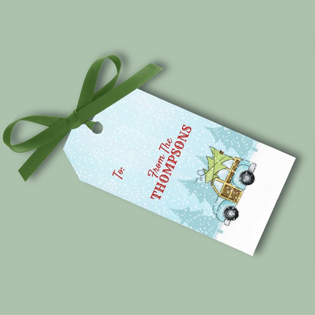 Vintage Modern Julgran Cute Blue Car Presentetikett (Cute whimsical winter watercolor Woodie car scene gift tag)