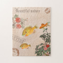 Vintage Modern Nature Flowers Fish Greenery Pussel